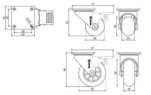 Колесо мебельное SUPRA 35 mm с тормозом прозрачное сталь/пластмасса TB05.1642.53.000
