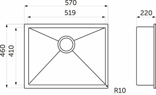 Мойка н/сталь, прямоугольная одночашевая, 570*460мм, глянец сатин, универс, AKS (3,2 мм) 79206