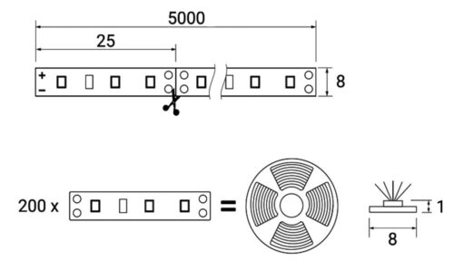 Лента светодиодная - 9,6W/m, 12V, 8мм, 2835, 120 д/м, IP20,нейтральный белый (4000K) - 5м, AKS 75069