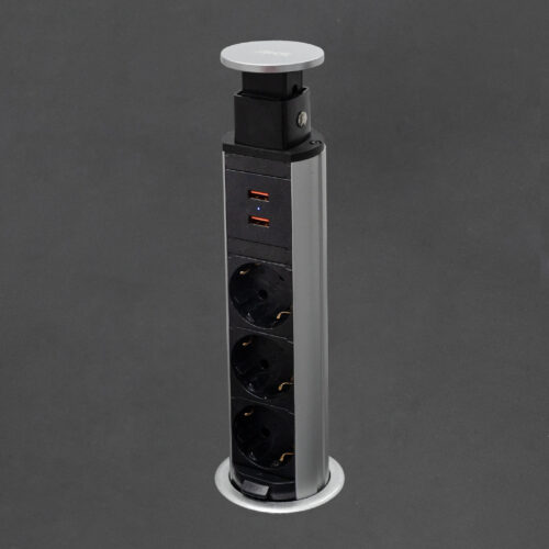 Выдвижной удлинитель Vulcan USB, 60 мм 3 розетки 2 USB, пластик, цвет алюминий, AKS 78894