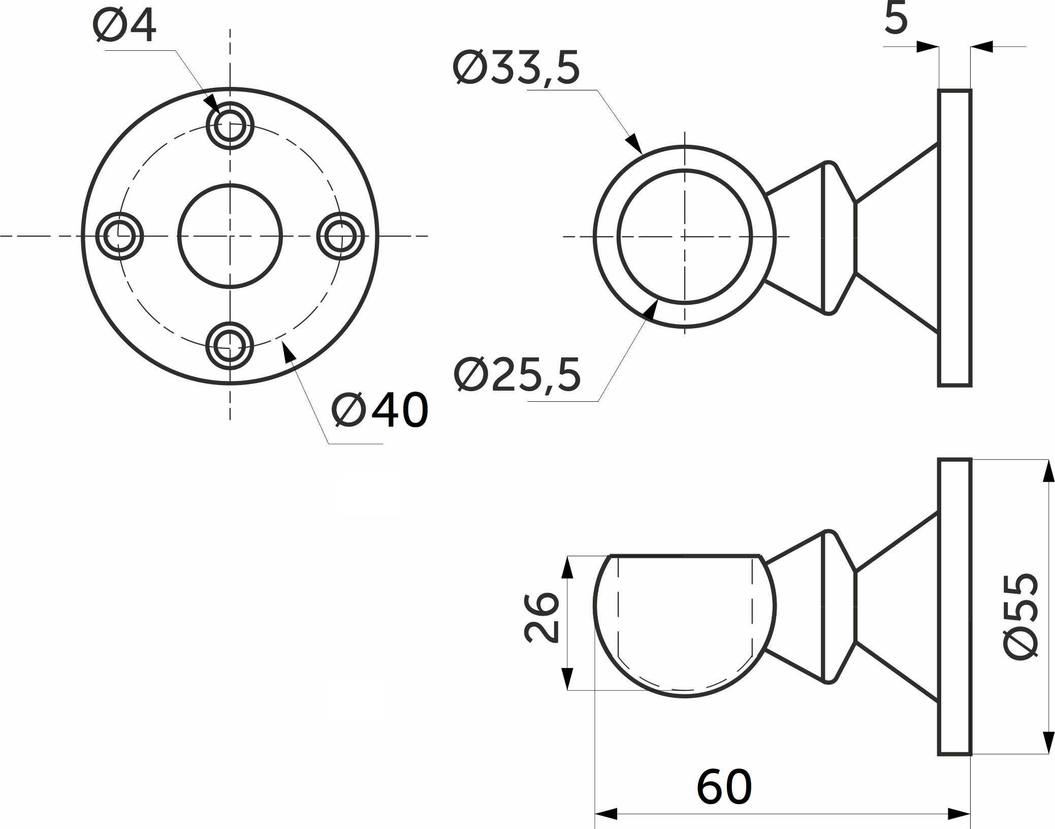 Держатель дистанционный концевой трубы d25 (993), черный AKS 113969