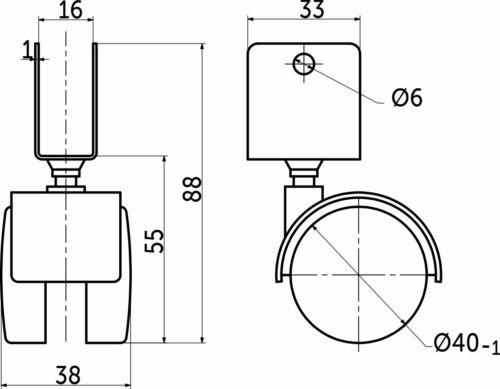 Колесо меб. пласт. d40 U-образное, черный AKS 73091