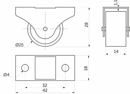 Ролик меб. с рез.ободом d25 h28 прямоходящий серый AKS 45924