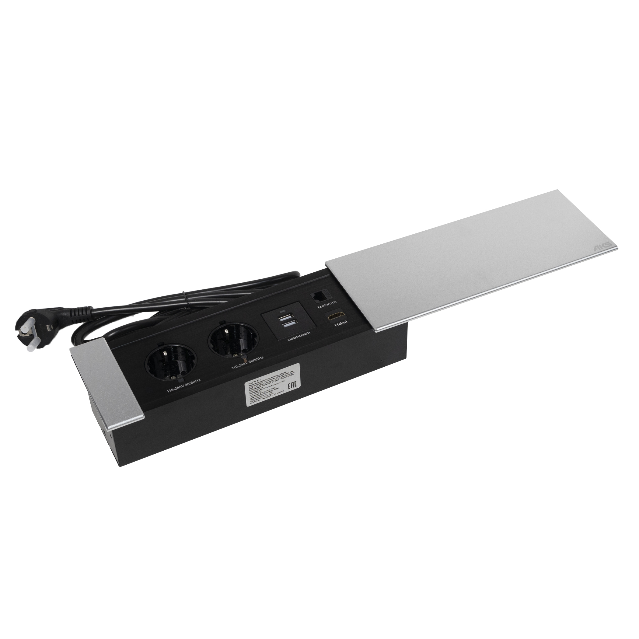 Выдвижной удлинитель Hollander, 2 розетки, 2xUSB, HDMI, LAN, шлиф. сталь, AKS 113618 — изображение 4