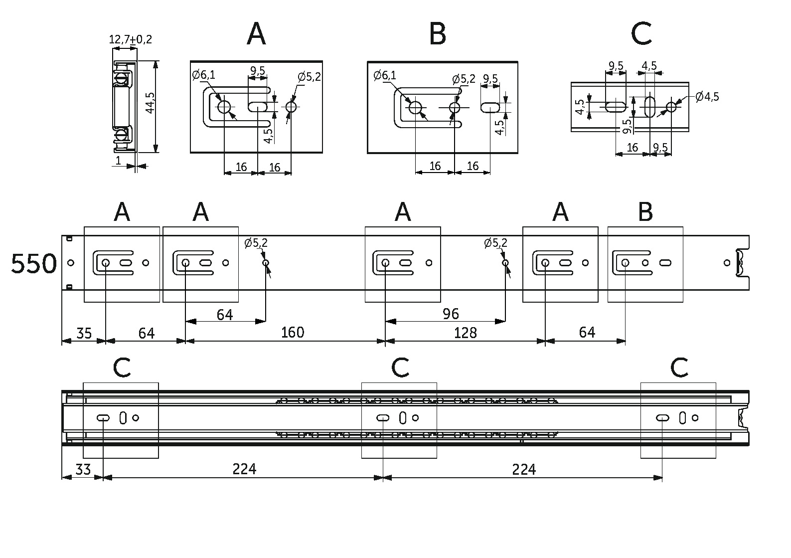 Направляющая шариковая L-550 h=45 PRIME by AKS A 114827 — изображение 2
