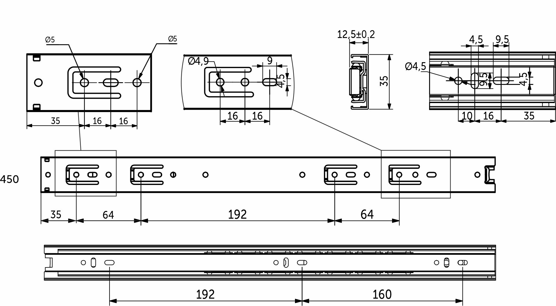 Направляющая шариковая L-450 h=35 GRIDLI 106052