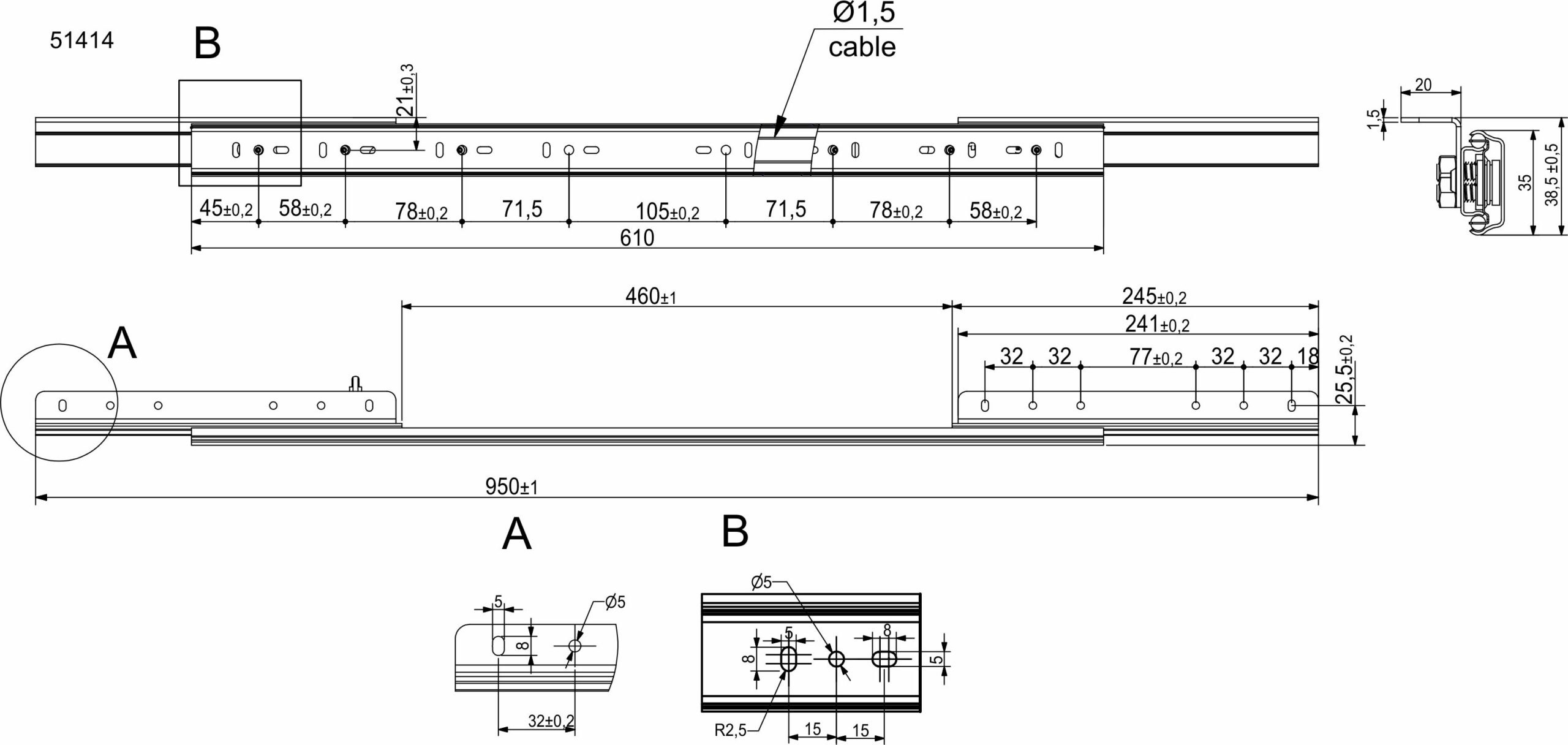 Механизм для раздвижных столов внешний синхронный со стопором L-610 мм AKS 51414