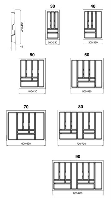 Вклад для ящика для столовых приборов  PRO 90 830X490 пластмасса графит TE13.2669.05.007