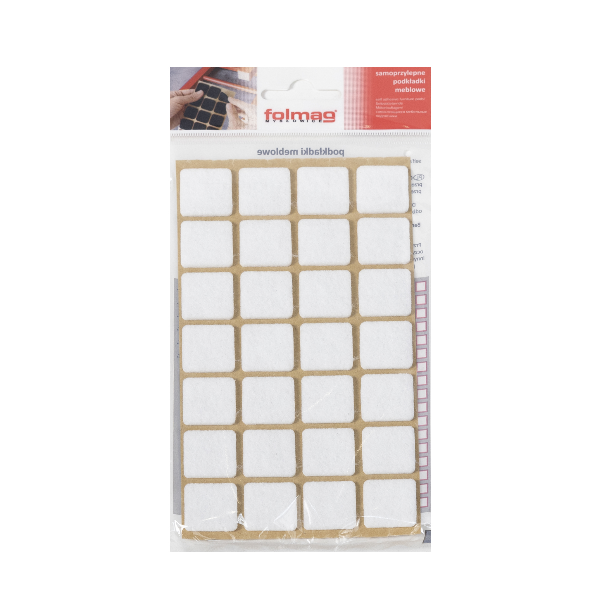 Подкладка самоприлипающая фетровая 20х20мм (1лист-28шт) белая Folmag 110815
