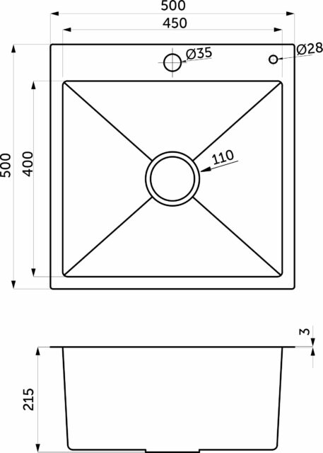 Мойка н/сталь, квадратная одночаш, 500*500мм, графит, PVD покрытие, врезн на столеш, AKS 3,2 116870
