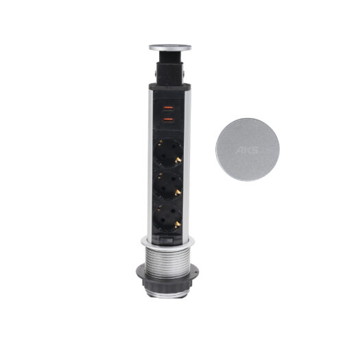 Выдвижной удлинитель Vulcan USB, 60 мм 3 розетки 2 USB, пластик, цвет алюминий, AKS 78894