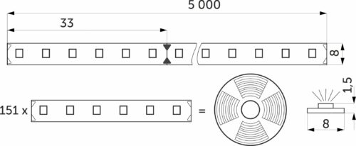 Лента светодиодная - 14,4W/m, 24V, 8мм, 2835, 180 д/м, IP20, теплый (3000K), CRI>80, 1600 Lm, 115300