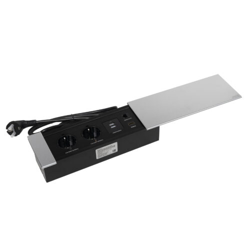 Выдвижной удлинитель Hollander, 2 розетки, 2xUSB, HDMI, LAN, шлиф. сталь, AKS 113618