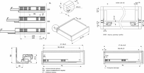 Направляющая скрытого монтажа L-350 push to open с замками PRIME by AKS 3D полное выдвиже 113659