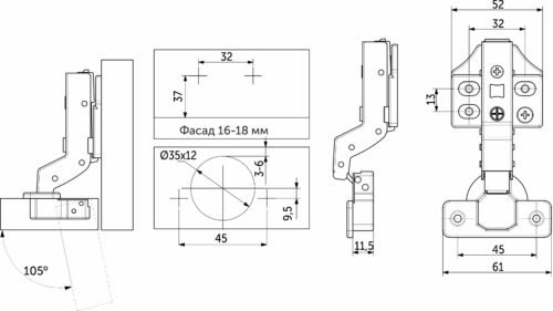 Петля внутренняя с доводчиком 45мм h0 clip-on PRIME by AKS 3D (саморезы, заглушки) 112650