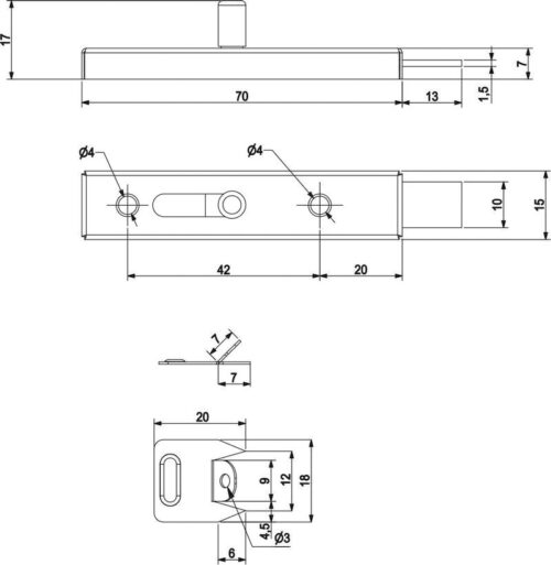 Задвижка мебельная (шпингалет) никель, AKS 116102