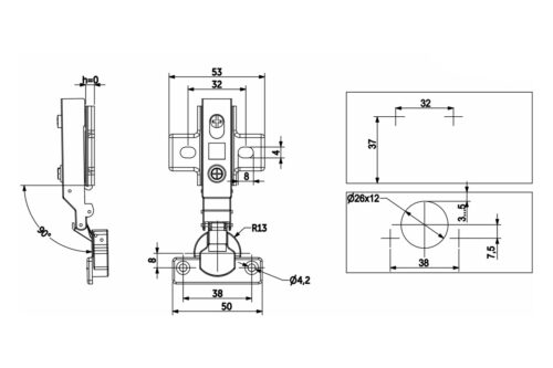 Петля мини накладная с доводчиком 38мм h0 clip-on 39199