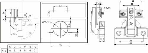 Петля под фальшпанель 90° с доводчиком 45мм h6 несъемная планка AKS короткое плечо 66570