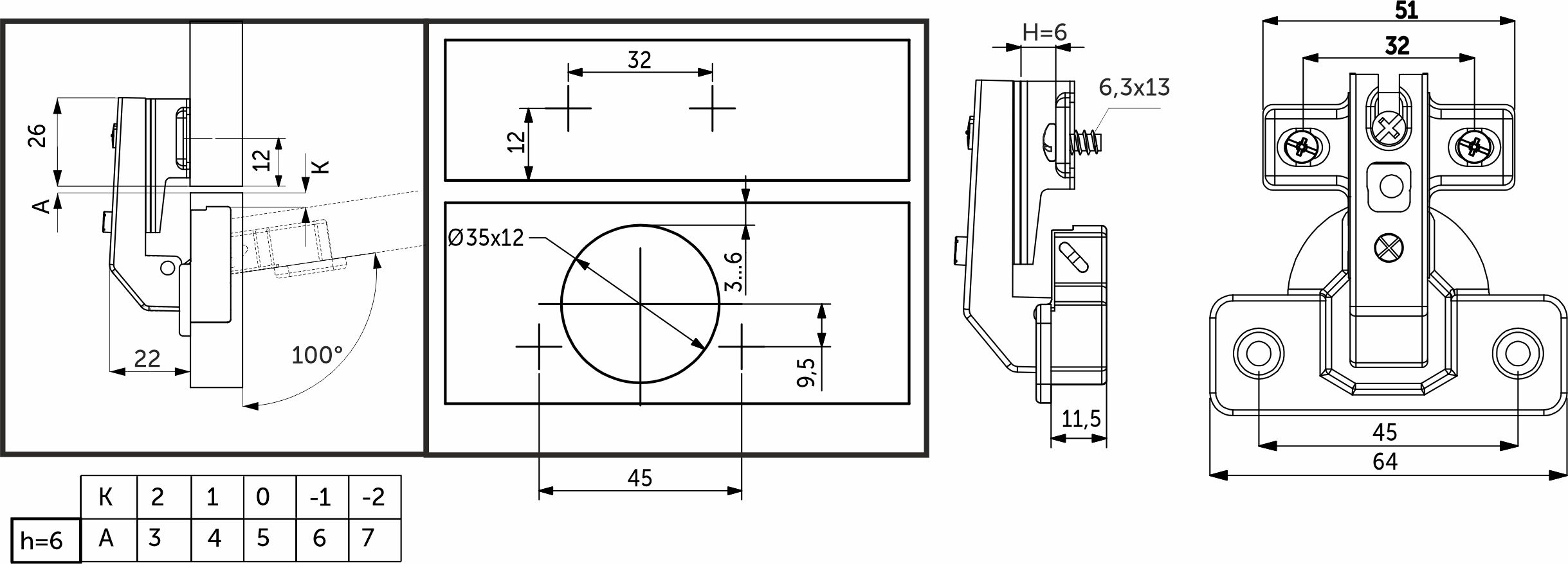 Петля под фальшпанель 90° с доводчиком 45мм h6 несъемная планка AKS короткое плечо 66570