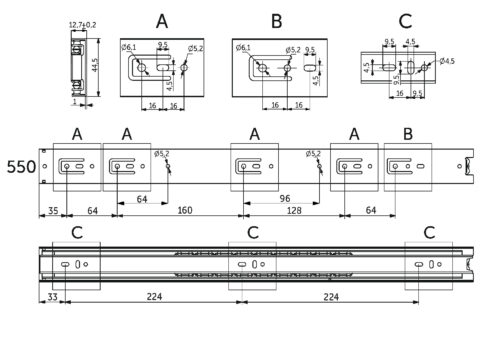 Направляющая шариковая L-550 h=45 PRIME by AKS A 114827