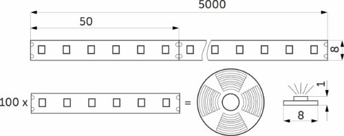 Лента светодиодная - 9,6W/m, 24V, 8мм, 2835, 120 д/м, IP20, теплый белый (3000K) - 5м, AKS 115308