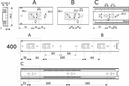 Направляющая шариковая L-400 h=45 PRIME by AKS 114824